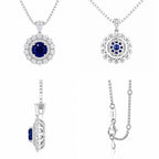 Four views of the Moon Halo Blue Sapphire Necklace showing front, side, back, and pendant details