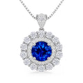 Moon Halo Blue Sapphire Necklace with a lab-grown blue sapphire and moissanite halo in rhodium-plated sterling silver