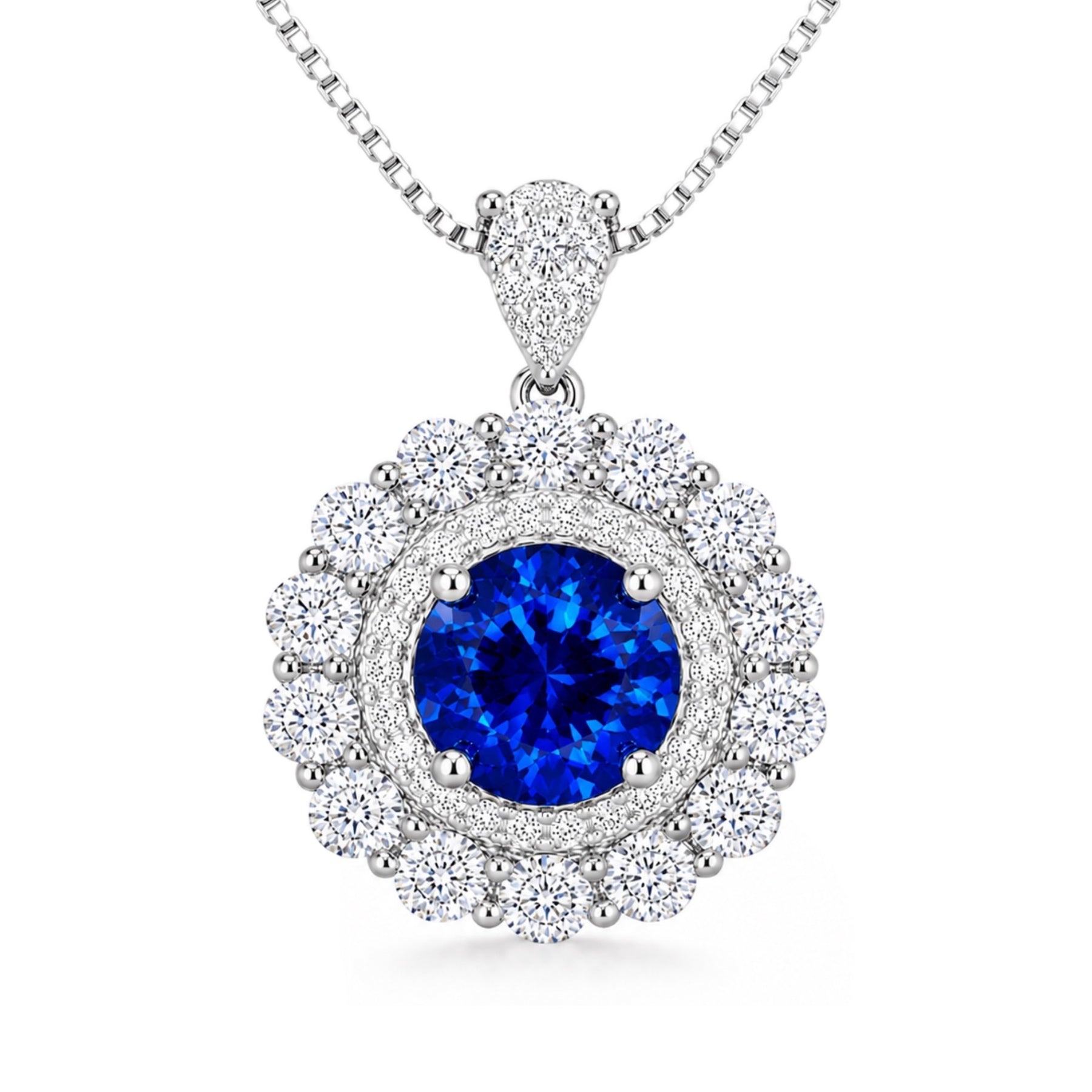 Moon Halo Blue Sapphire Necklace with a lab-grown blue sapphire and moissanite halo in rhodium-plated sterling silver