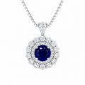 Moon Halo Blue Sapphire Necklace with a lab-grown blue sapphire and moissanite halo in rhodium-plated sterling silver
