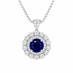 Moon Halo Blue Sapphire Necklace with a lab-grown blue sapphire and moissanite halo in rhodium-plated sterling silver