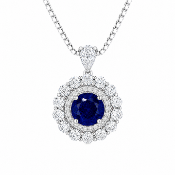 Moon Halo Blue Sapphire Necklace with a lab-grown blue sapphire and moissanite halo in rhodium-plated sterling silver
