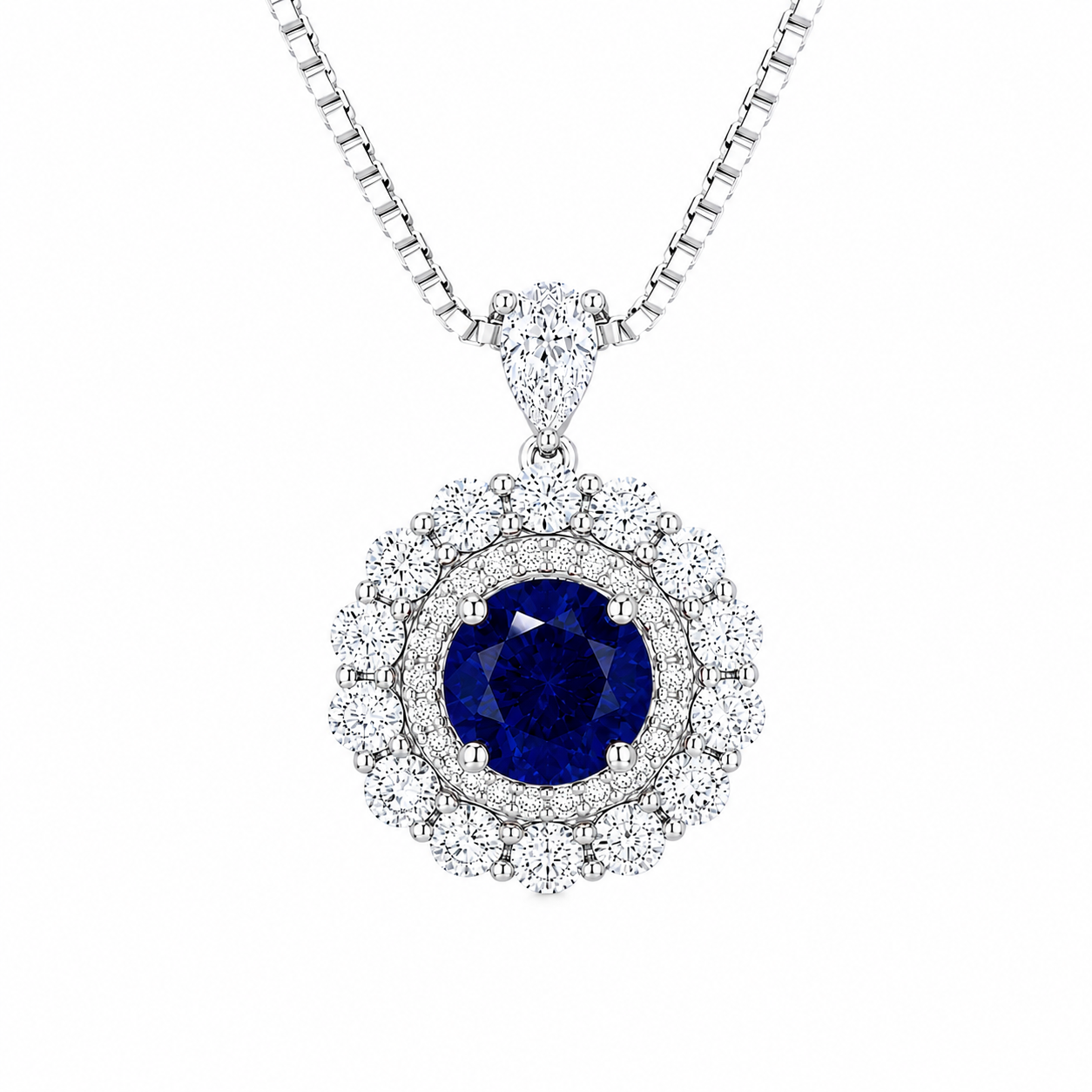 Moon Halo Blue Sapphire Necklace with a lab-grown blue sapphire and moissanite halo in rhodium-plated sterling silver