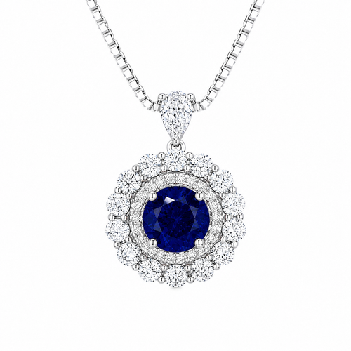 Moon Halo Blue Sapphire Necklace with a lab-grown blue sapphire and moissanite halo in rhodium-plated sterling silver