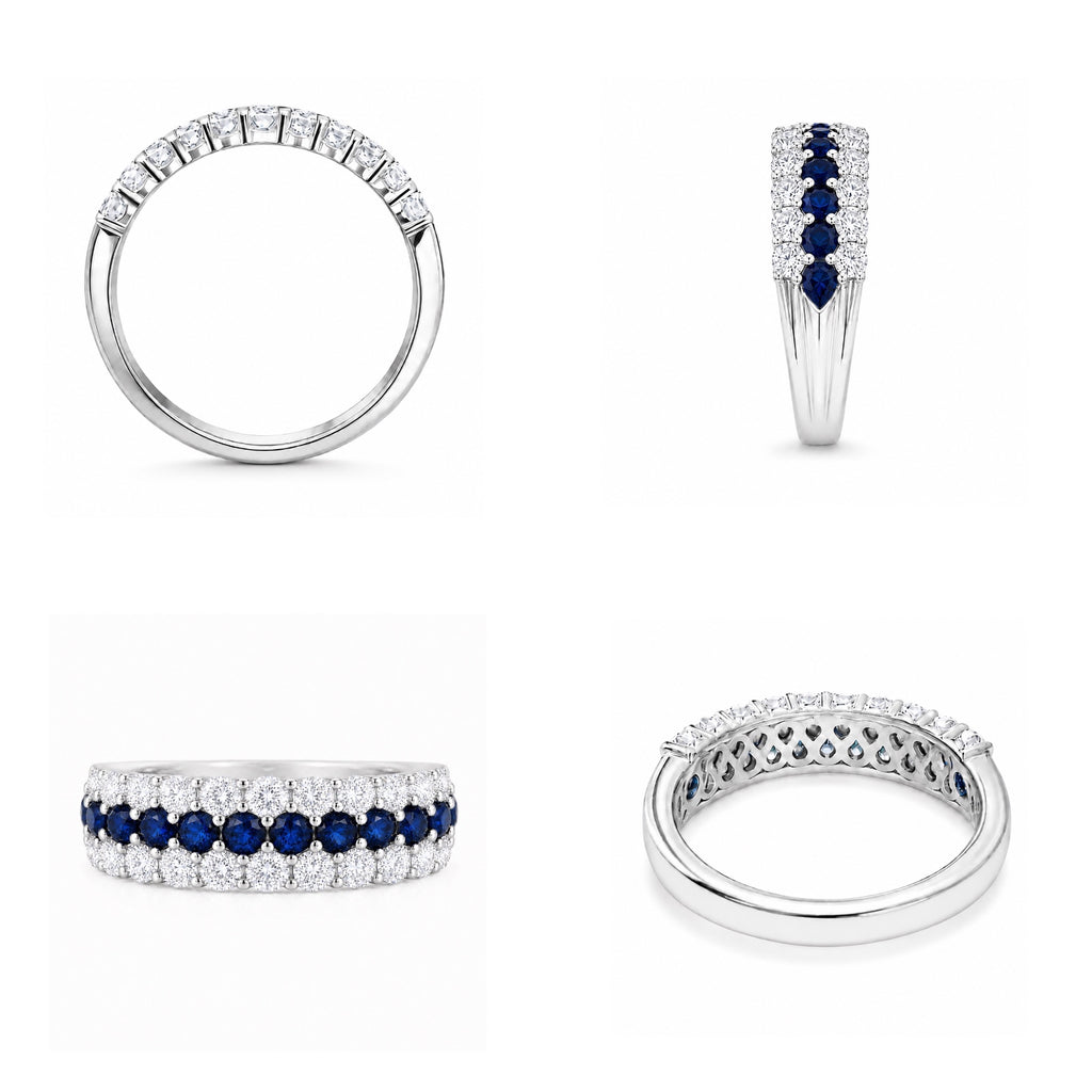 Multiple-angle view of the Blue Sapphire & Moissanite Curved Band Ring, showing the sapphire row, moissanite accents, side profile, and sterling silver setting.