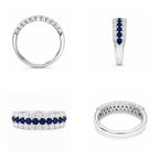Multiple-angle view of the Blue Sapphire & Moissanite Curved Band Ring, showing the sapphire row, moissanite accents, side profile, and sterling silver setting.
