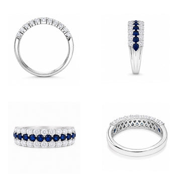 Multiple-angle view of the Blue Sapphire & Moissanite Curved Band Ring, showing the sapphire row, moissanite accents, side profile, and sterling silver setting.