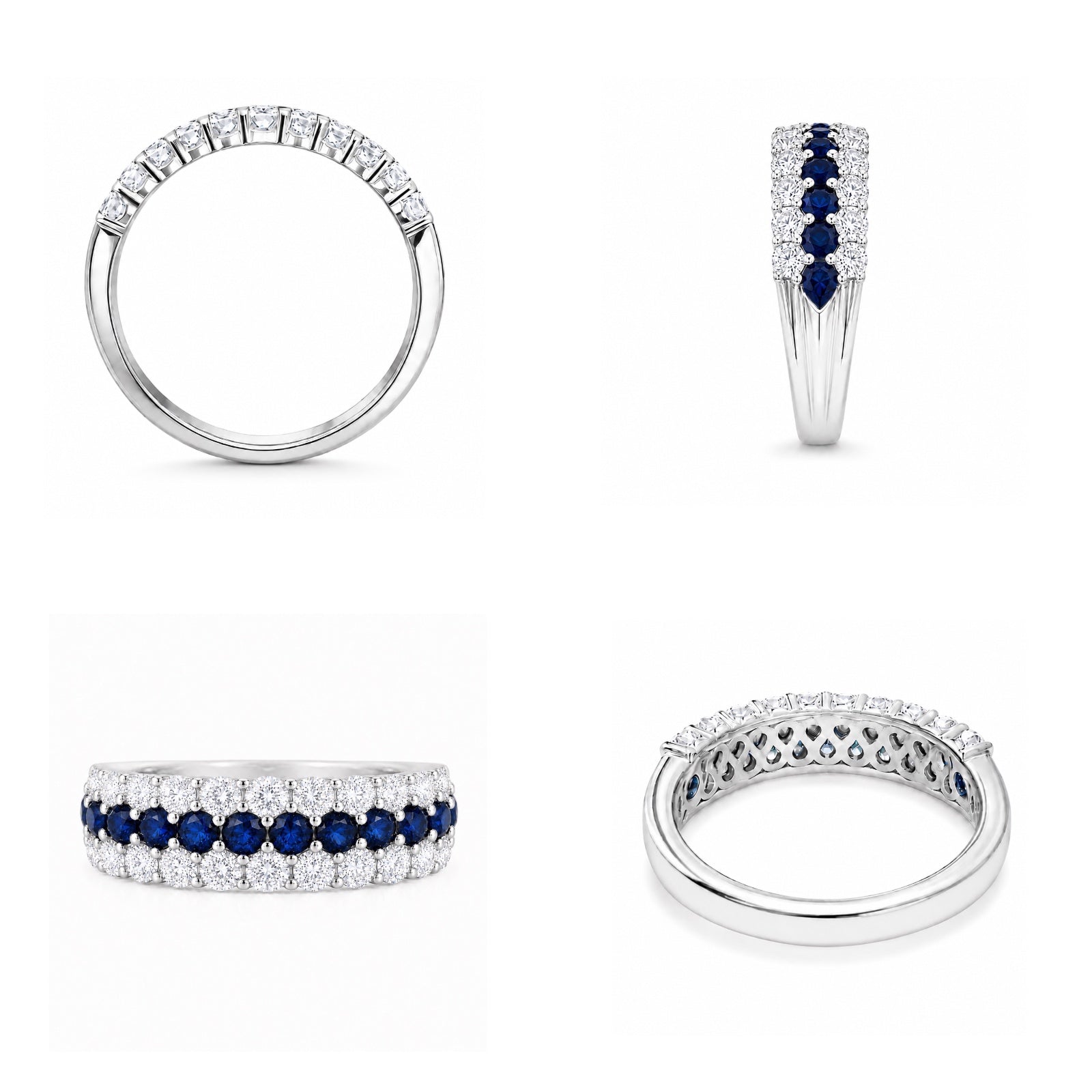 Multiple-angle view of the Blue Sapphire & Moissanite Curved Band Ring, showing the sapphire row, moissanite accents, side profile, and sterling silver setting.