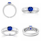 Multiple views of Starburst lab-grown blue sapphire ring with D-color moissanite accents in rhodium-plated 925 sterling silver