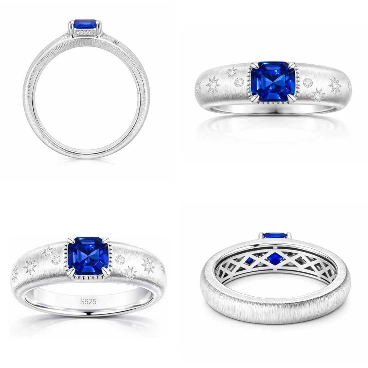 Multiple views of Starburst lab-grown blue sapphire ring with D-color moissanite accents in rhodium-plated 925 sterling silver