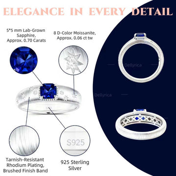 Starburst 0.70 ct lab-grown blue sapphire ring with D-color moissanite accents in rhodium-plated 925 sterling silver
