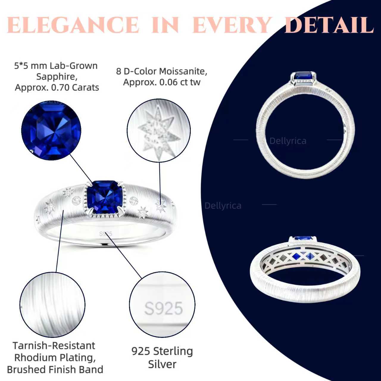 Starburst 0.70 ct lab-grown blue sapphire ring with D-color moissanite accents in rhodium-plated 925 sterling silver