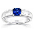 Starburst lab-grown blue sapphire ring with D-color moissanite accents in rhodium-plated 925 sterling silver