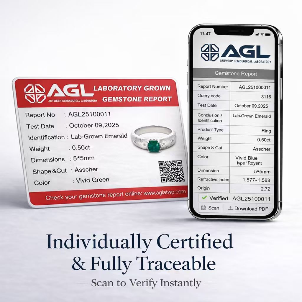 AGL certificate and online verification report for Starburst 0.50 ct lab-grown emerald promise ring