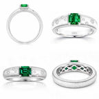 Multiple views of Starburst lab-grown emerald promise ring with D-color moissanite accents in rhodium-plated 925 sterling silver