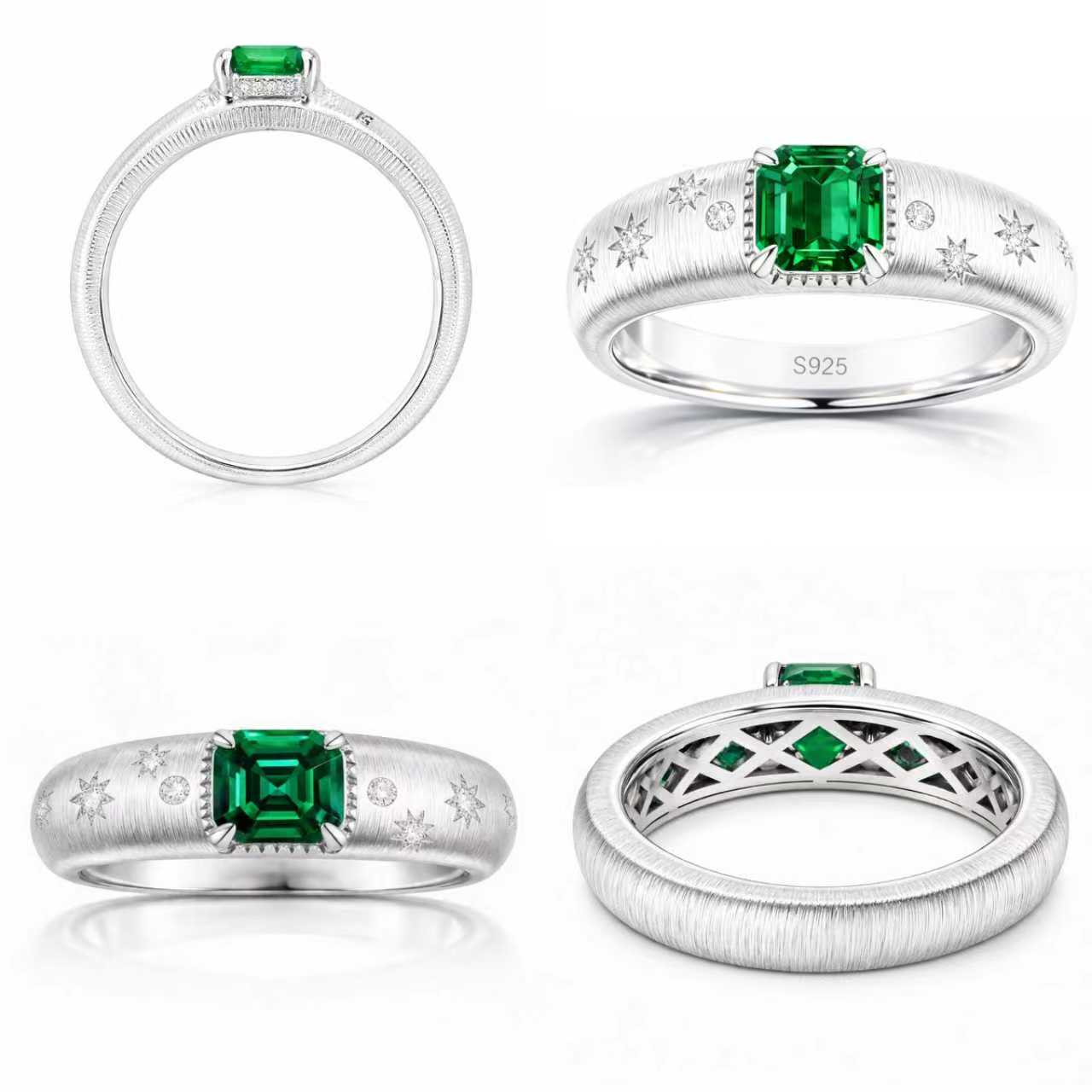 Multiple views of Starburst lab-grown emerald promise ring with D-color moissanite accents in rhodium-plated 925 sterling silver
