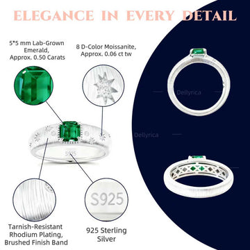 Starburst 0.50 ct lab-grown emerald promise ring with D-color moissanite accents in rhodium-plated 925 sterling silver