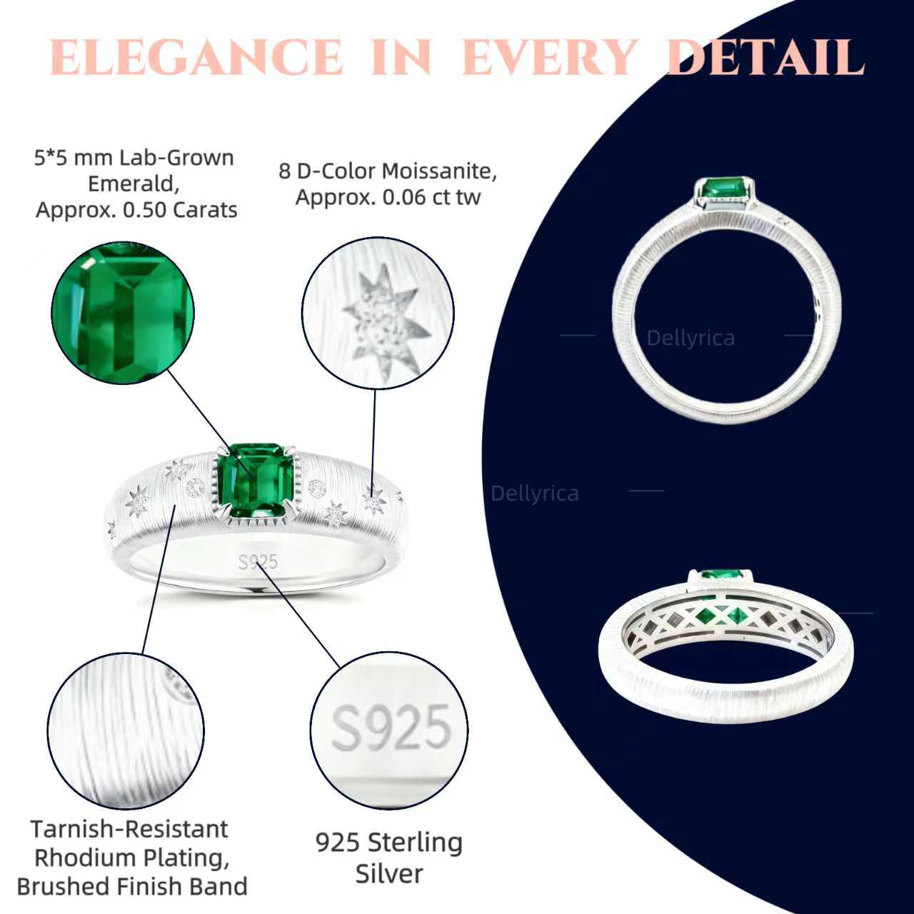 Starburst 0.50 ct lab-grown emerald promise ring with D-color moissanite accents in rhodium-plated 925 sterling silver