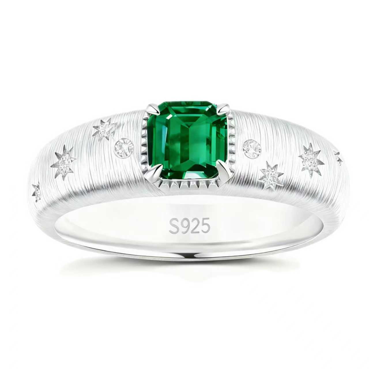 Starburst lab-grown emerald promise ring with D-color moissanite accents in rhodium-plated 925 sterling silver