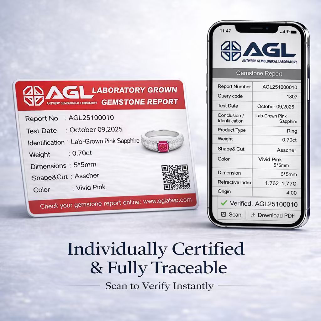 AGL certificate and online verification report for Starburst 0.70 ct lab-grown pink sapphire promise ring