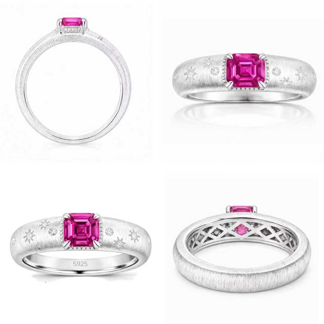 Multiple views of Starburst lab-grown pink sapphire promise ring with D-color moissanite accents in rhodium-plated 925 sterling silver