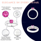Starburst 0.70 ct lab-grown pink sapphire promise ring with D-color moissanite accents in rhodium-plated 925 sterling silver