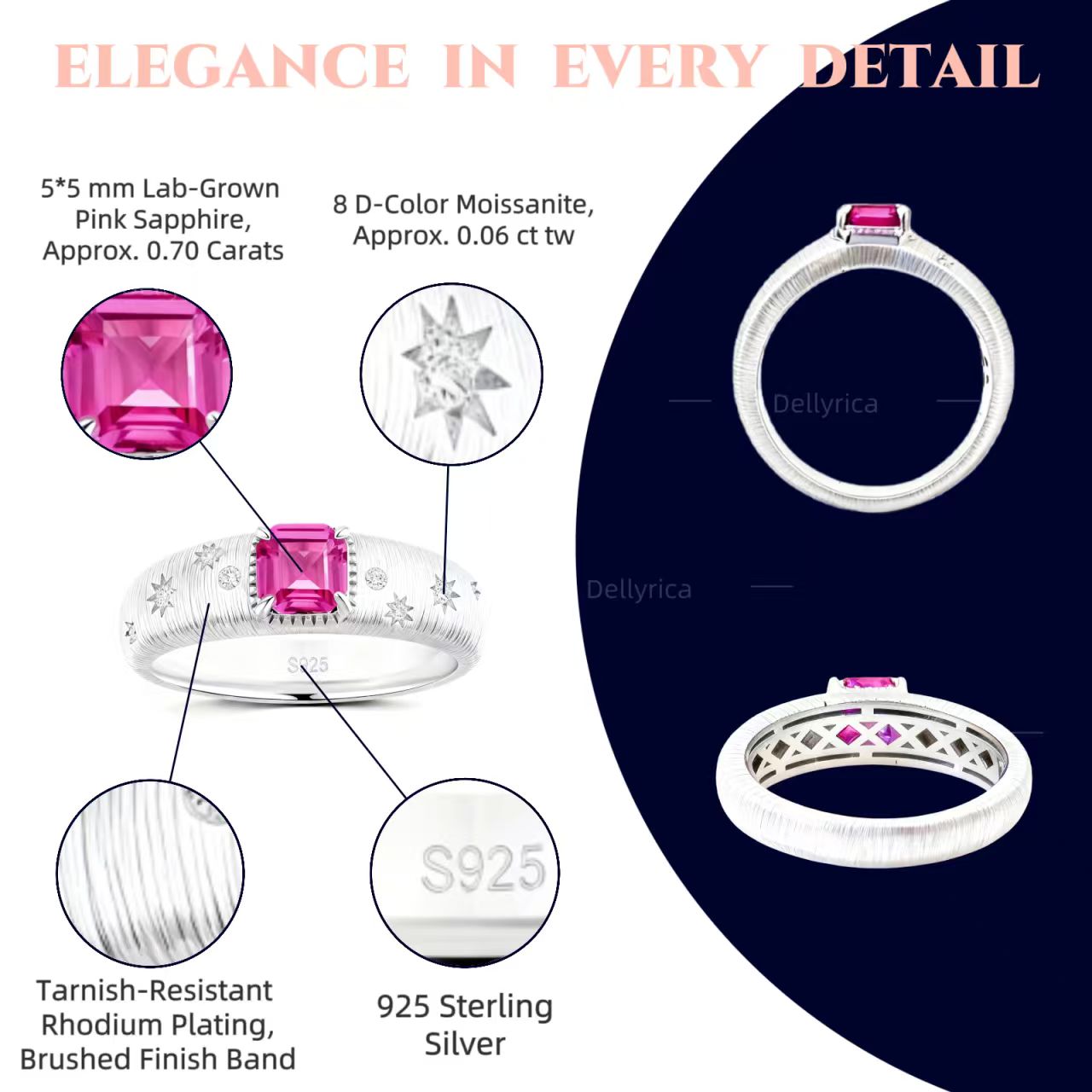 Starburst 0.70 ct lab-grown pink sapphire promise ring with D-color moissanite accents in rhodium-plated 925 sterling silver