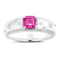 Starburst lab-grown pink sapphire promise ring with D-color moissanite accents in rhodium-plated 925 sterling silver