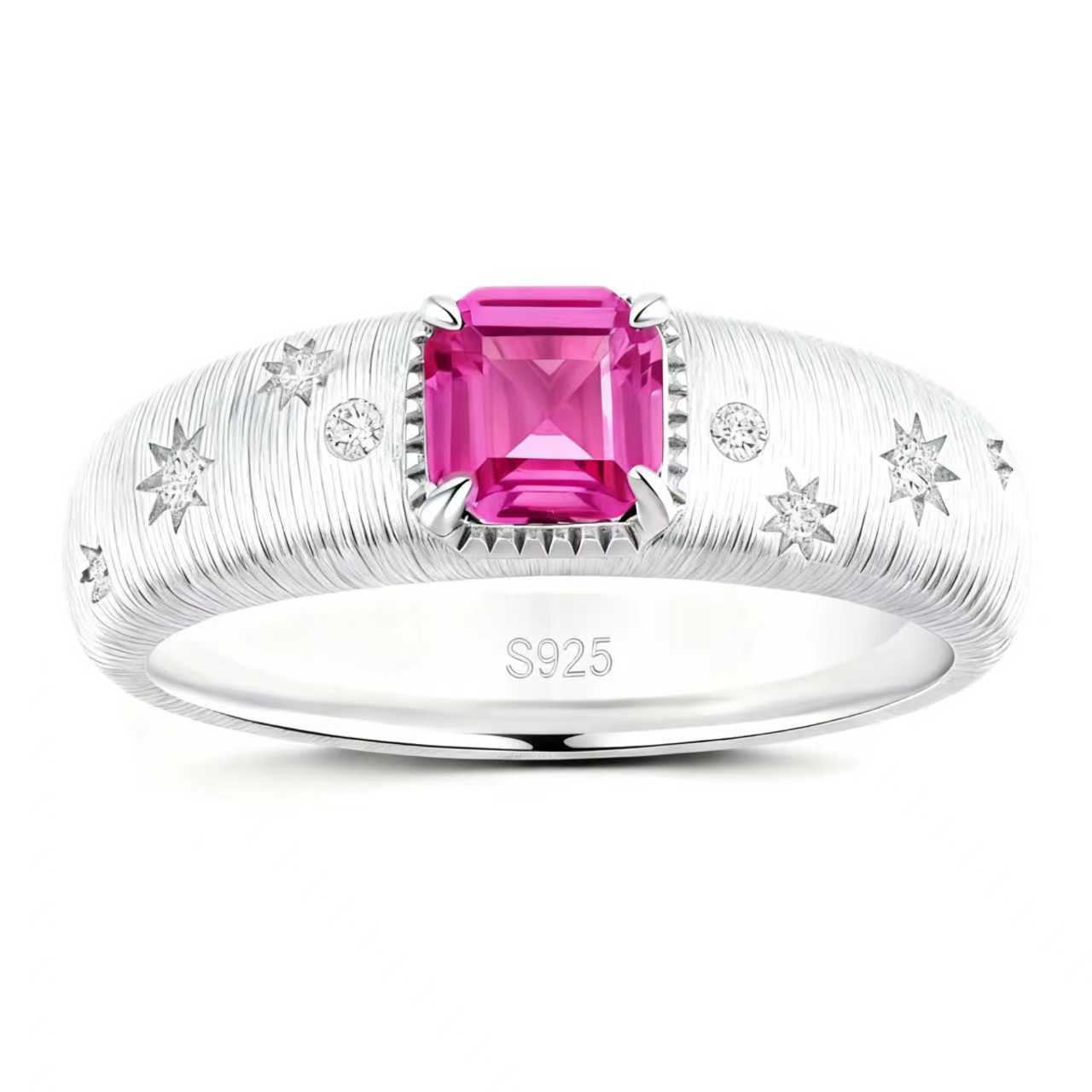 Starburst lab-grown pink sapphire promise ring with D-color moissanite accents in rhodium-plated 925 sterling silver
