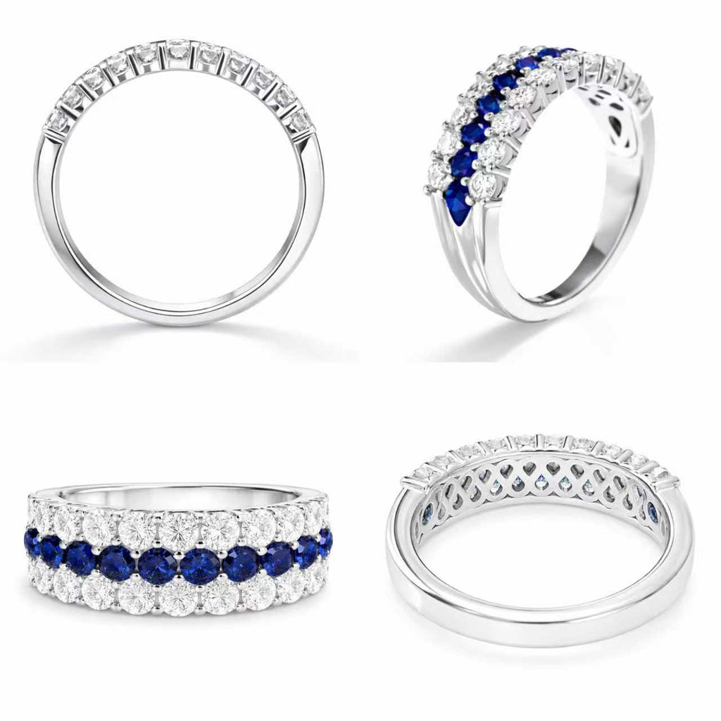 Multiple views of three-row lab-grown blue sapphire and moissanite ring in rhodium-plated 925 sterling silver