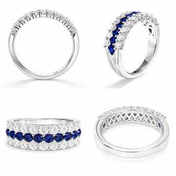 Multiple views of three-row lab-grown blue sapphire and moissanite ring in rhodium-plated 925 sterling silver