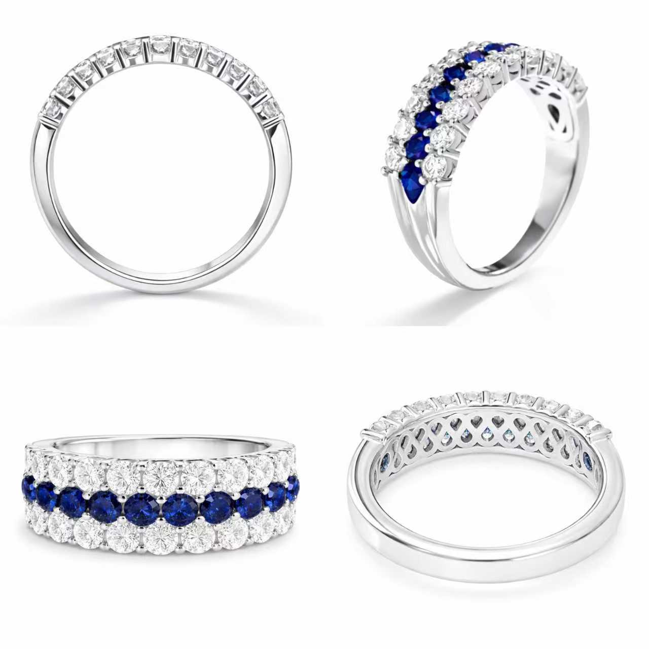 Multiple views of three-row lab-grown blue sapphire and moissanite ring in rhodium-plated 925 sterling silver