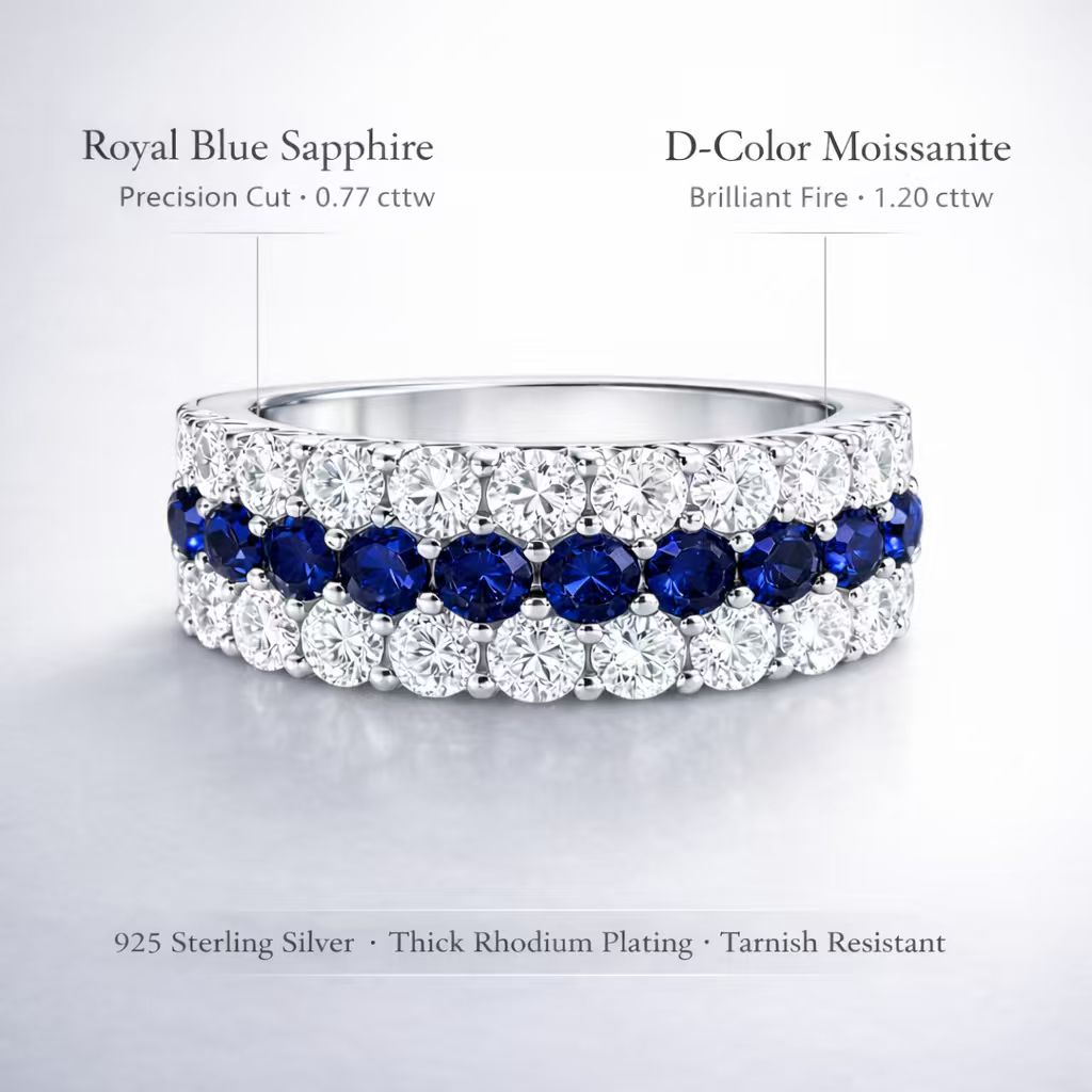 Three-row lab-grown royal blue sapphire and D-color moissanite ring in rhodium-plated 925 sterling silver