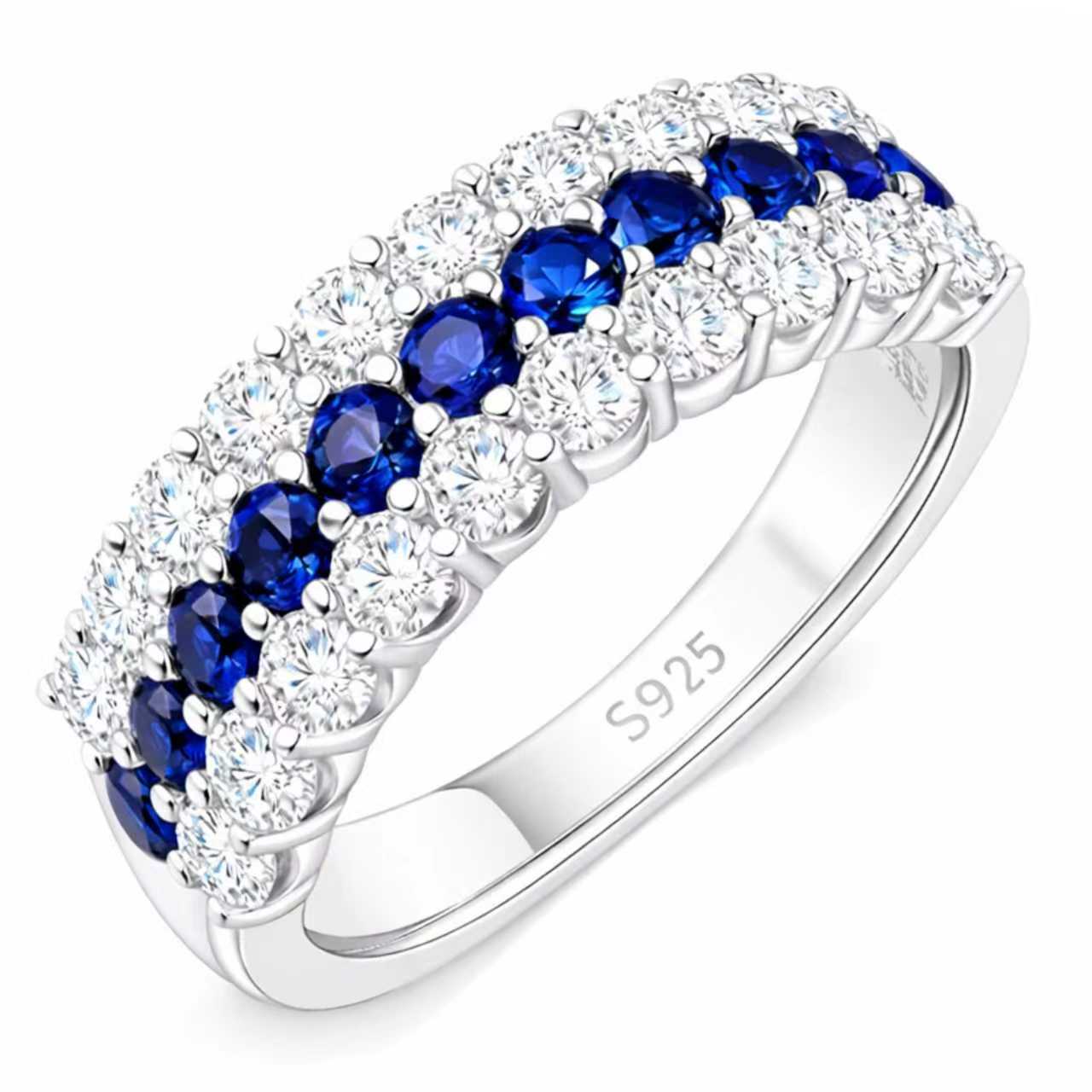 Three-row lab-grown blue sapphire and moissanite ring in rhodium-plated 925 sterling silver