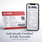 AGL certificate and online verification report for three-row lab-grown sapphire and moissanite ring