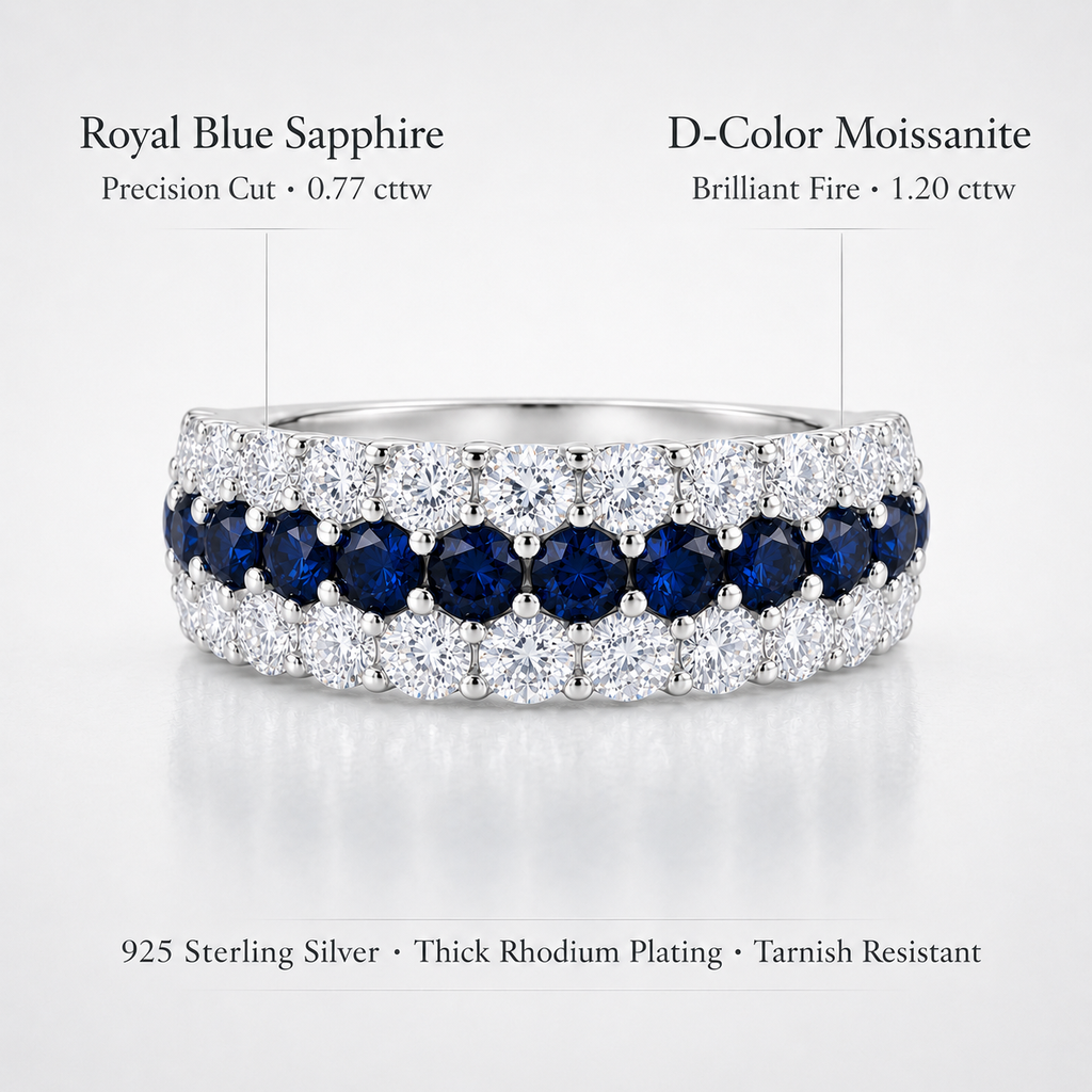 Gemstone detail image of the Blue Sapphire & Moissanite Curved Band Ring with royal blue lab-grown sapphires and D-color moissanite accents.