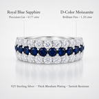 Gemstone detail image of the Blue Sapphire & Moissanite Curved Band Ring with royal blue lab-grown sapphires and D-color moissanite accents.