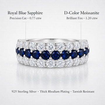 Gemstone detail image of the Blue Sapphire & Moissanite Curved Band Ring with royal blue lab-grown sapphires and D-color moissanite accents.