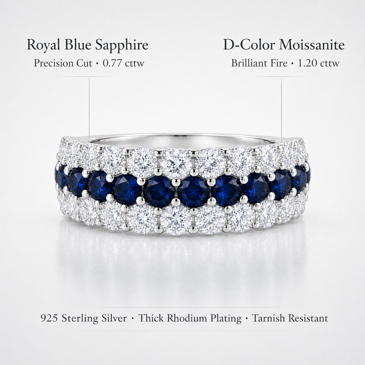 Gemstone detail image of the Blue Sapphire & Moissanite Curved Band Ring with royal blue lab-grown sapphires and D-color moissanite accents.